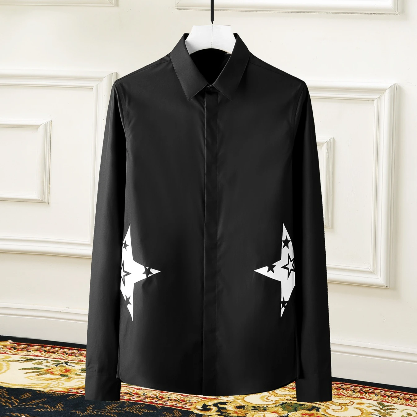 

Высококачественная мужская рубашка с принтом звезд, хлопковые повседневные деловые классические рубашки с длинным рукавом, облегающий топ для банкета, вечеринки, социального смокинга