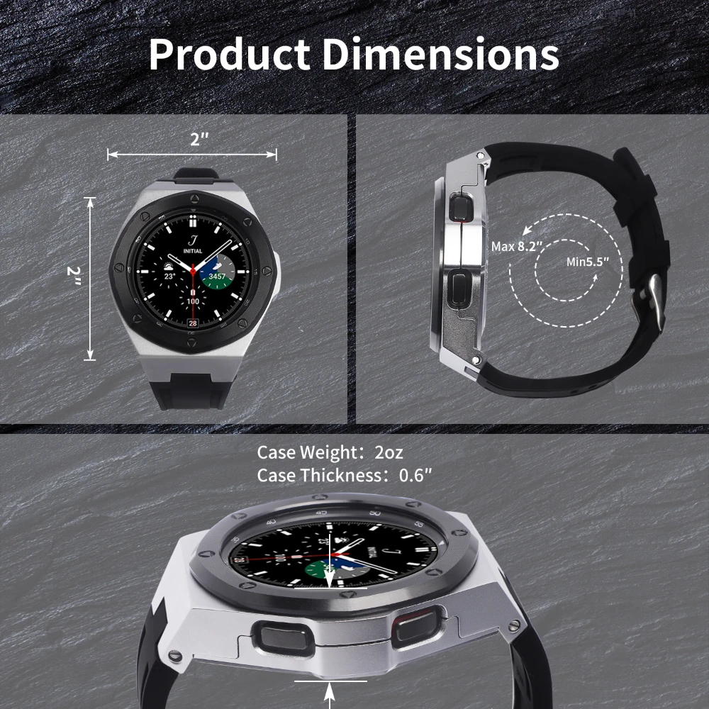 Retrofit Kit Strap for Samsung Galaxy Watch 4 Classic 46mm Stainless Steel Case for Samsung Watch 4Classic 46mm Rubber Wristband