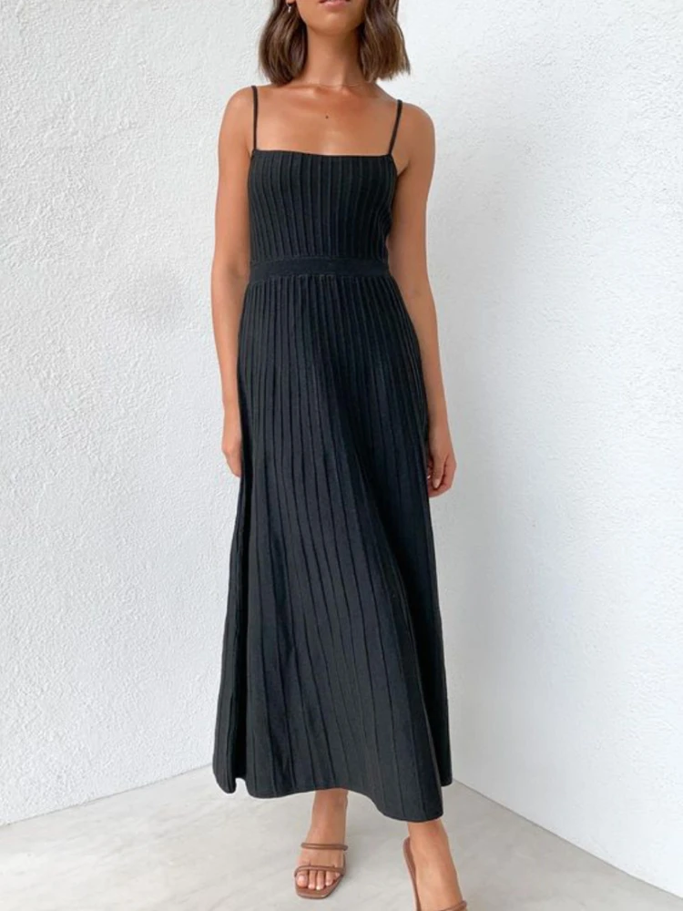 Knitted Solid Long Dress Women Sexy Sleeveless Spaghetti Strap High Waist Dress Party Evening Dresses Elegant Female Spring 2024