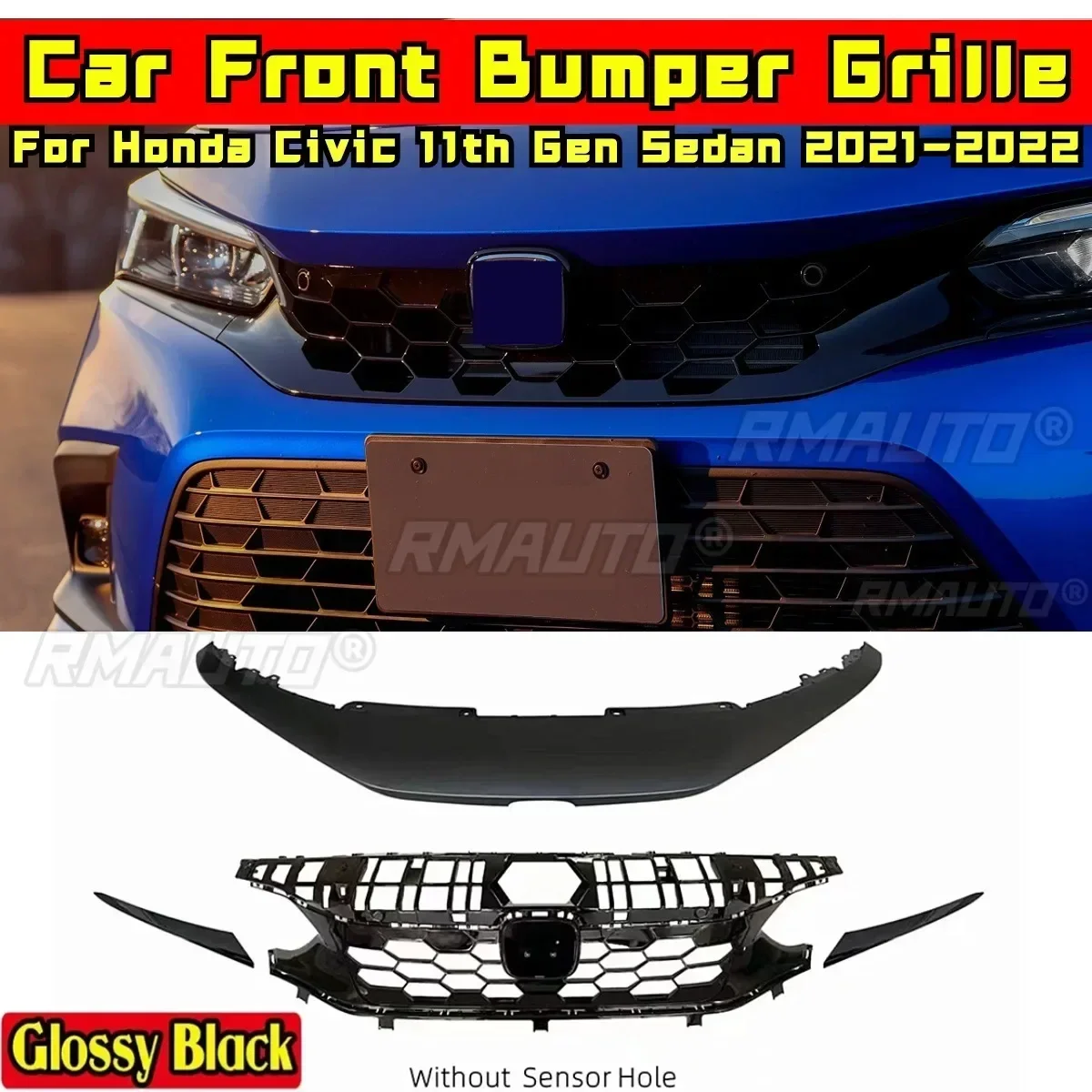

For Civic Body Kit Car Grill Glossy Black Si style Front Bumper Grill For Honda Civic 11th Gen Sedan 2021-2022 Car Accessories