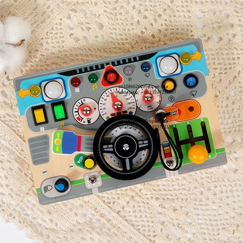 Children Educational Wooden Busy Board Toy with LED Light Pretend Steering Wheel Montessori Learning Toy for Toddlers Kids