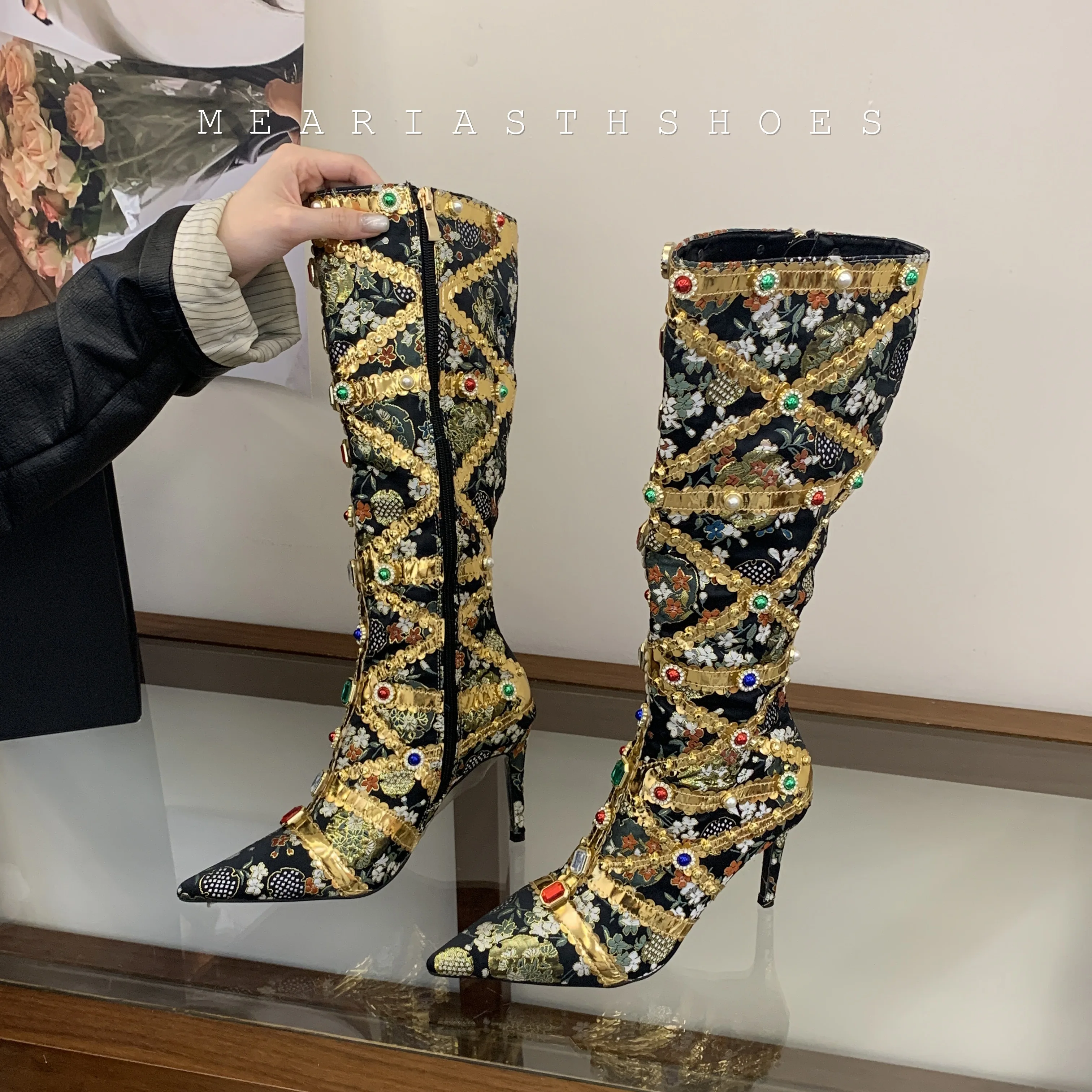 2026 Runway Fashion Color Gem Knee High Boots Women Handwork Embroider Sexy Pointed Toe Zip Party Stripper Heels Shoes Booties