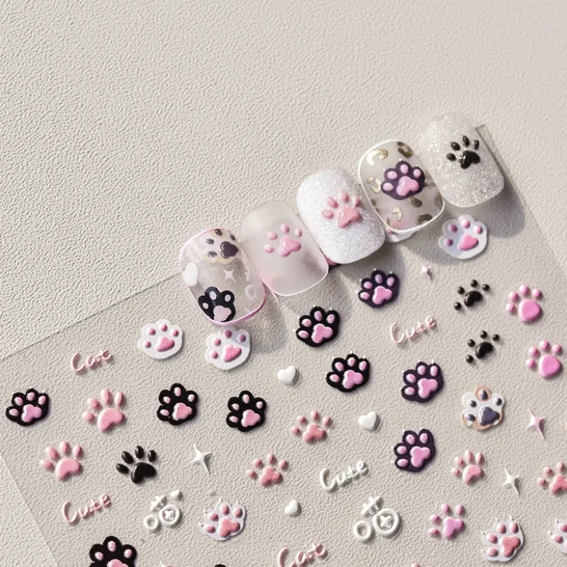 Sweet Pink Cute Cat Paw Print Star Love Heart Jelly Cartoon Kitty Embossed Relief Self Adhesive Nail Art Sticker Manicure Decals