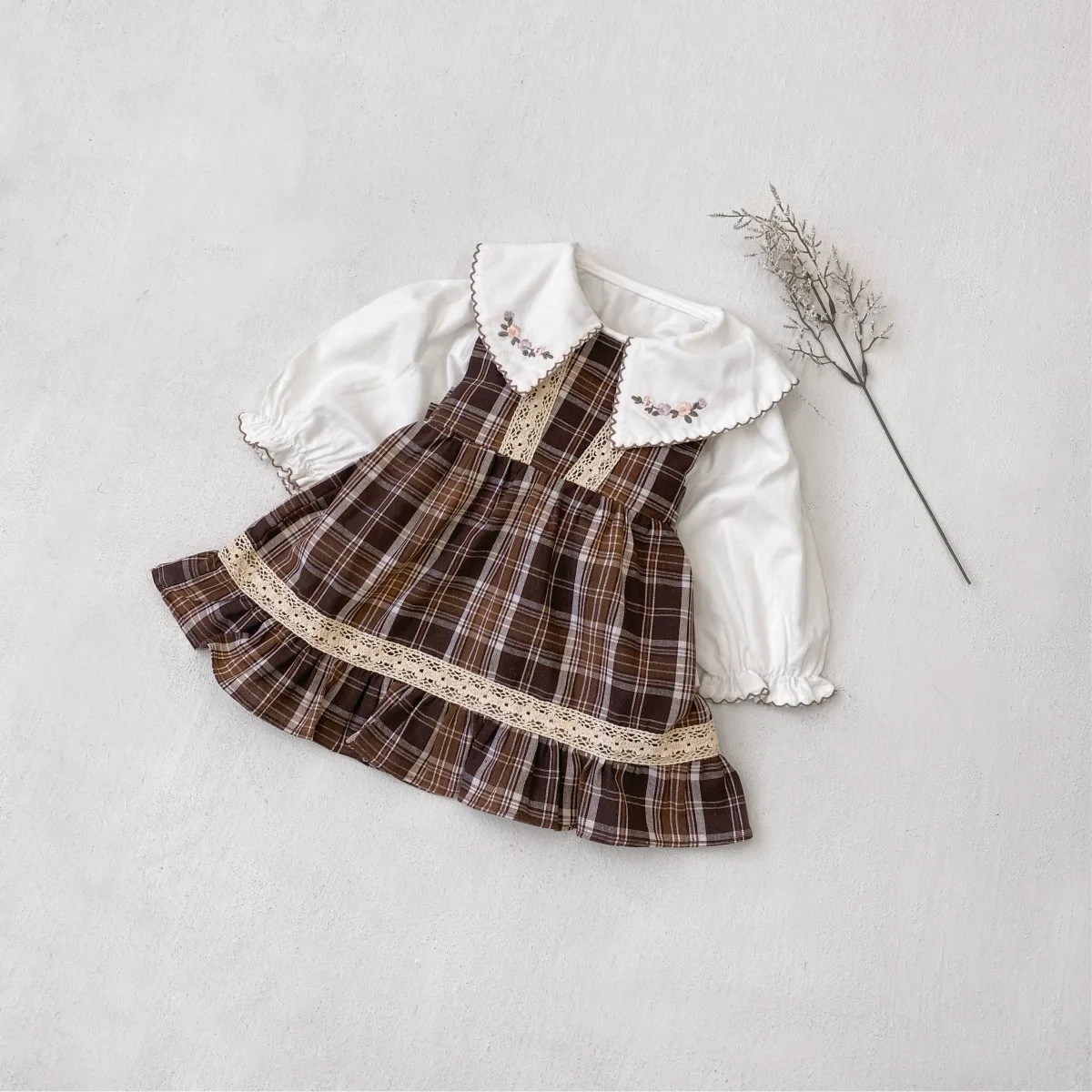 

Toddler Kids Girls Two-piece Set 2025 Autumn Peter Pan Collar Infant Baby Girls Shirt+plaid Retro Newborn Girls Princess Dress