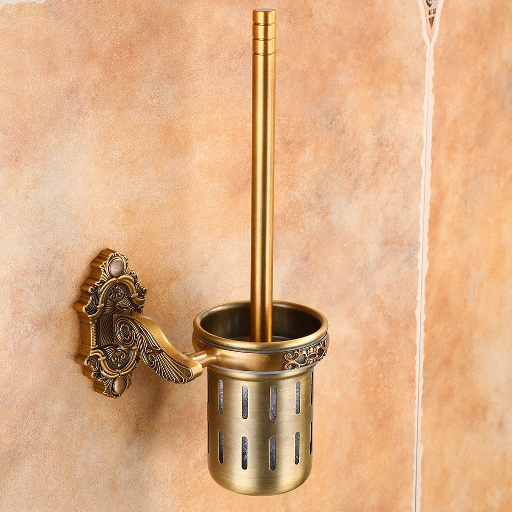Porte-brosse de toilette Antique en aluminium avec brosse, ensemble de porte-brosse de nettoyage sculpté en aluminium pour salle de bains et toilettes