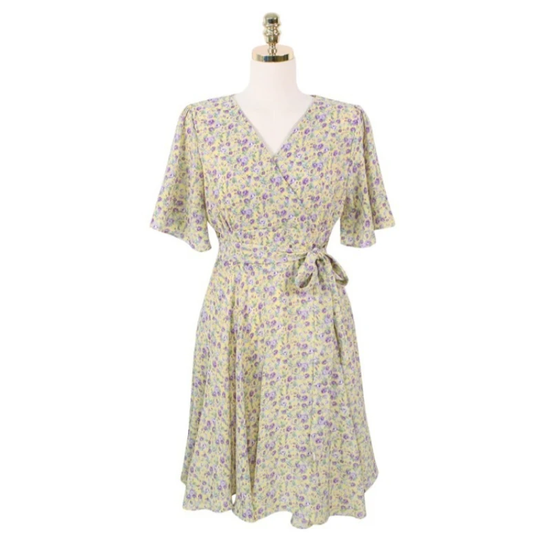 Französisches Blumen-Midikleid für Damen, V-Ausschnitt, Flatterärmel, Taillenbindung, A-Linie, Coquette Y2K, Sommer-Freizeitkleid – Detail 5