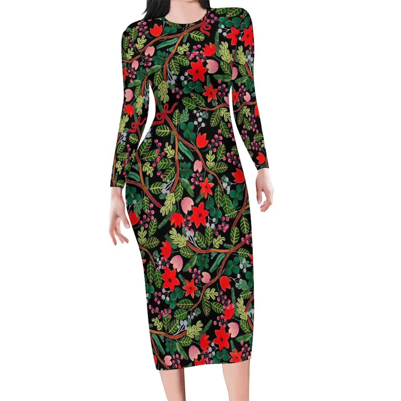 Christmas Floral Dress Female Green Leaves Print Fashion Bodycon Dress Long Sleeve Trendy Dresses Graphic Oversized Vestido