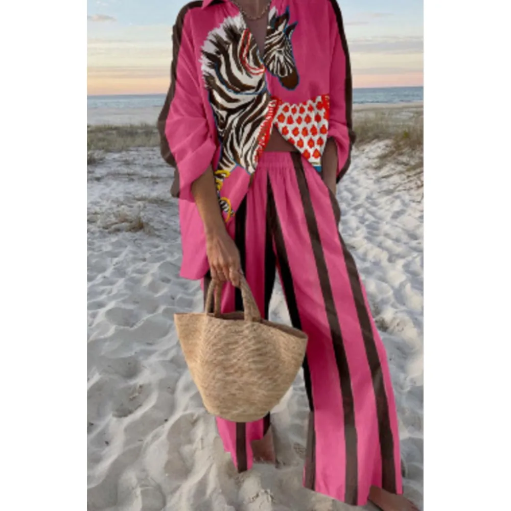 

Fashion Print Beach Holiday Suit Lapel Long Sleeve Single-breasted Shirt Top+Wide-leg Pants 2-piece Set Women Casual Suit Female