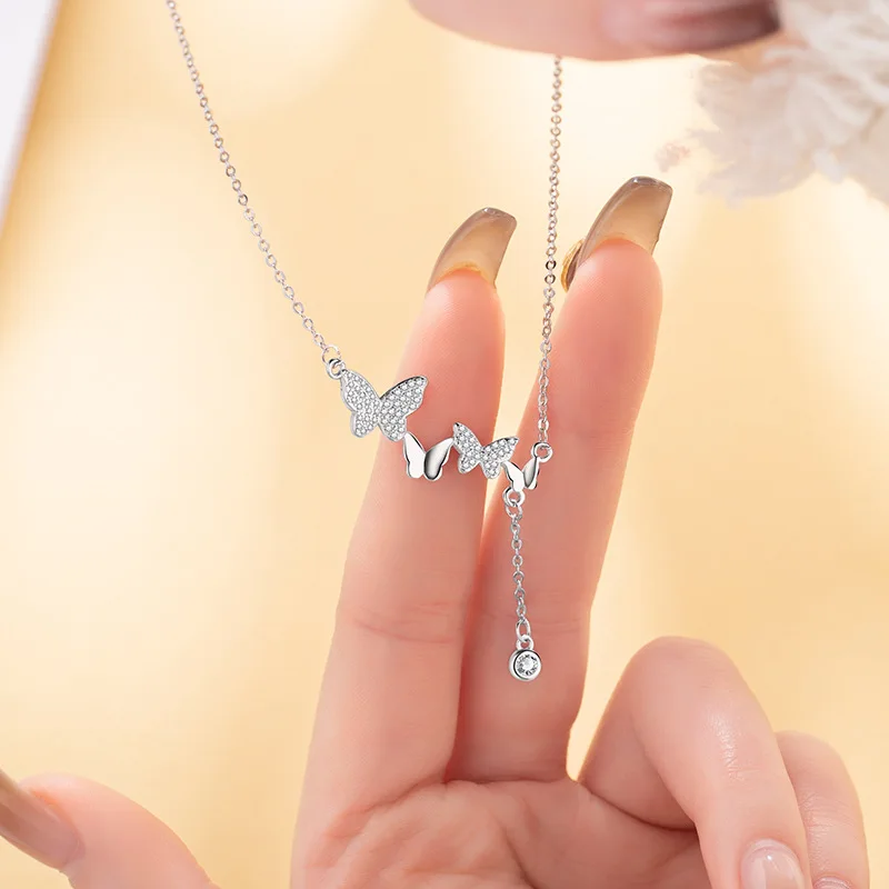 Christmas Gift 925 Sterling Silver sSparkling Diamond Butterfly Necklace Fashionable Tassel Collarbone Chain Birthday Gift Jewel