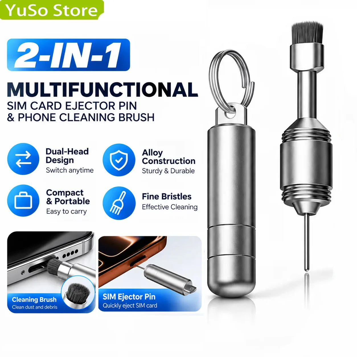 2 in 1 Multi-functional Keychain Portable SIM Card Eject Pin Box Opener Alloy Mini Pocket Tool For Mobile Phone Cleanable