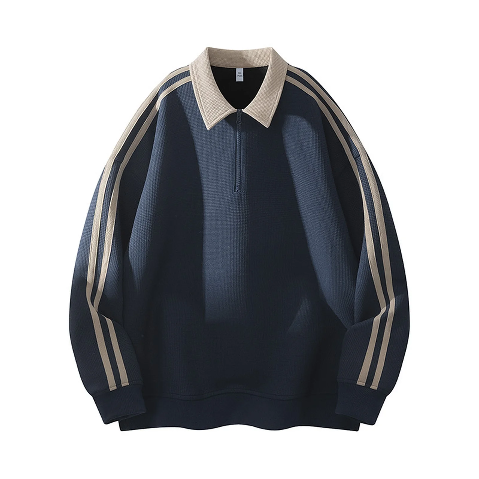 男性トレンディ人気ハイストリートスタイルプルオーバーシンプルストライプカジュアルラペルカラーヴィンテージスウェットシャツ男性日常快適なトップス