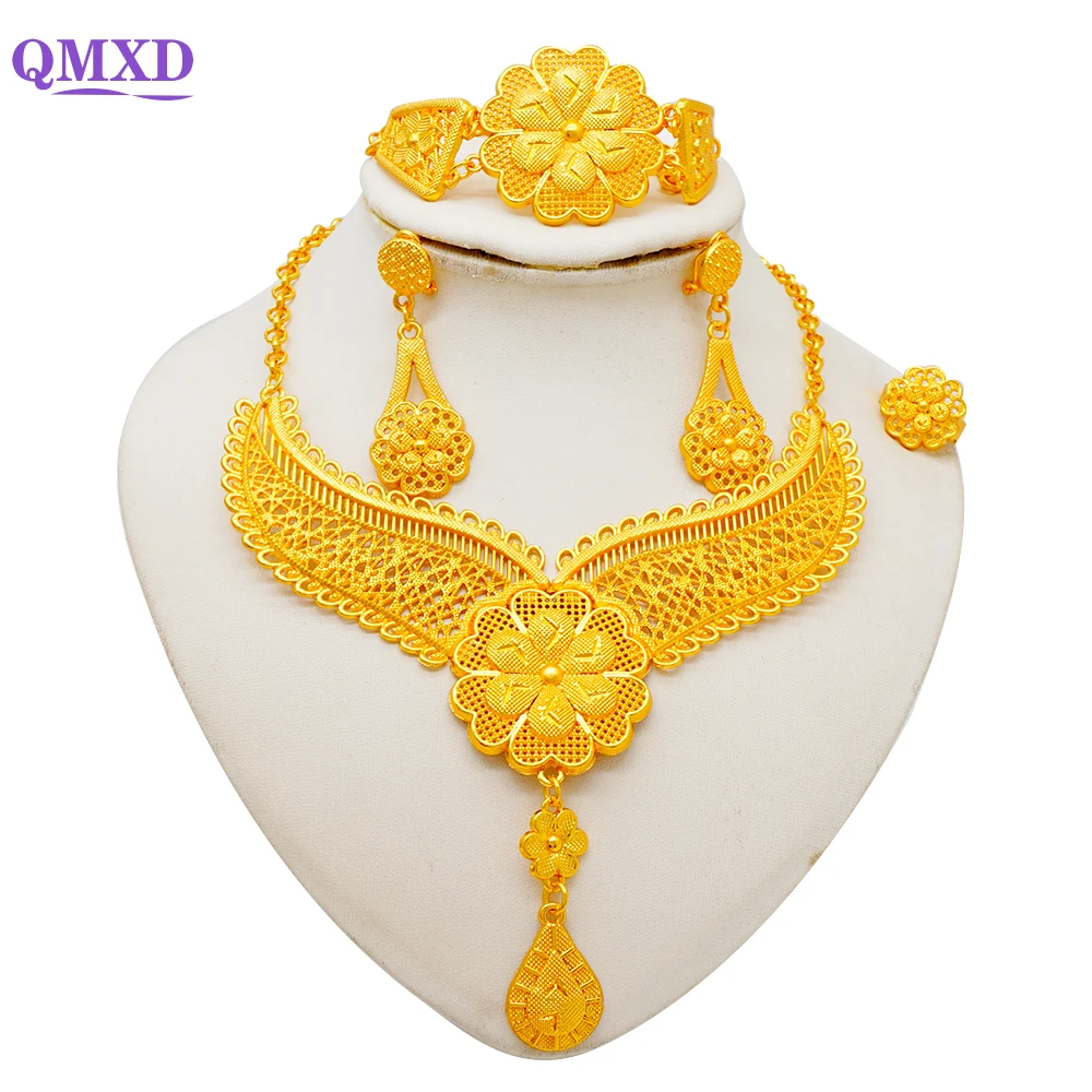 Luxury African Dubai Gold Color Jewelry Set For Women Flower Bohemian Necklace Wedding Indian Bridal Jewellery Gifts