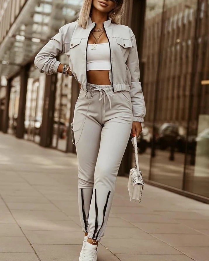 

Women's Casual Cmmuting Two-piece Set Solid Long Sleeve Fitting Zipper Splicing Jacket Tops and Drawstring Cuffs Pants Suit Sets