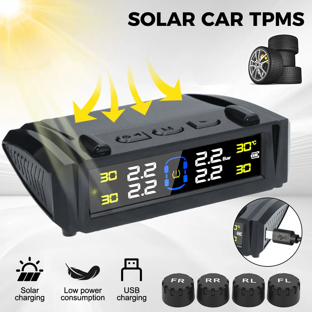 

Автомобильная система контроля давления в шинах (TPMS) с 4 датчиками, цифровым дисплеем, питанием от USB и солнечной батареи, с функцией оповещения о температуре шин, комплект TS36X