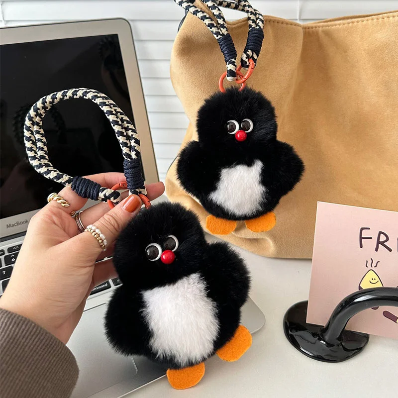 Cute Small Penguin Plush Keychains Real Fur Key Ring Plushie Doll Anime Kawaii Keychain Bag Pendant Key Chain Woman Girl Gift