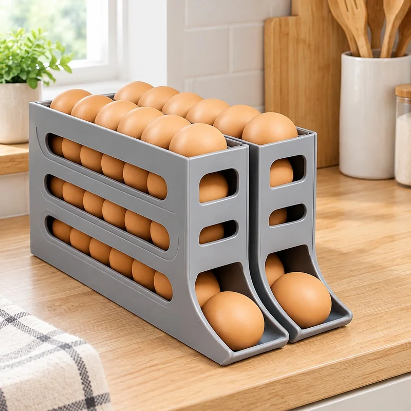 4-Level Rolling Egg Holder for Refrigerator, Space-Saving Kitchen Fridge Organizer with Easy Dispense Design