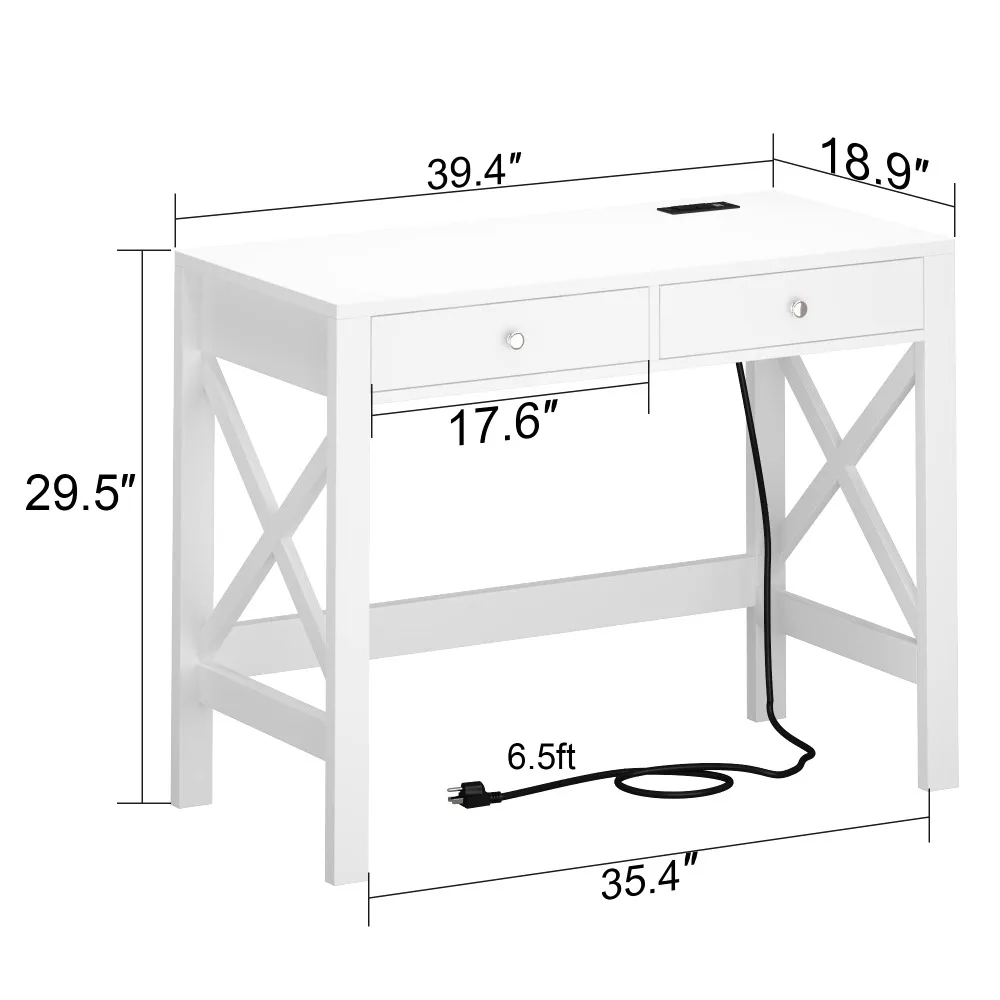 Bureau d'ordinateur avec ports de charge USB et prises de courant, bureau blanc de 39 pouces avec égouts de proximité, table d'écriture d'étude avec cadre en X stable