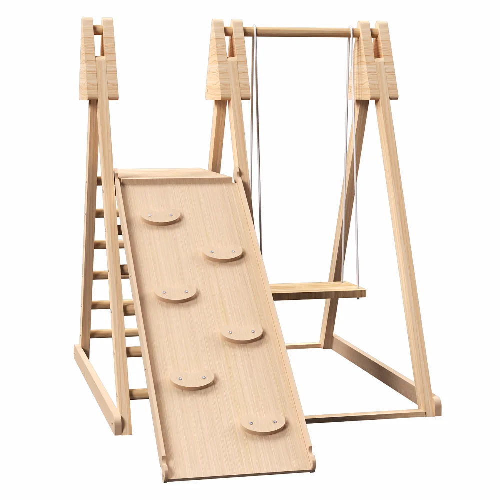 4-in-1 Juniper Indoor Play Gym Speelset met babyschommel Ladder Klimmuur Opvouwbare houten speelset Indoor Jungle Gym voor kinderen