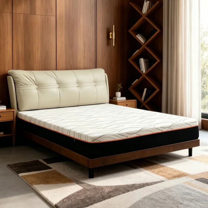 Modern simple walnut-colored solid wood double bed, master bedroom homestay soft bag suspended bed frame