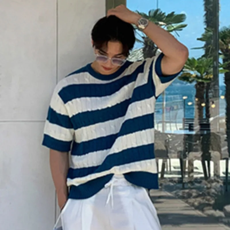 IEFB New Fashion Men's T-shirts Stripe Kintted Loose Clothing O-neck Short Sleeve Contrast Color Male Pollover Top Summer 9C6482