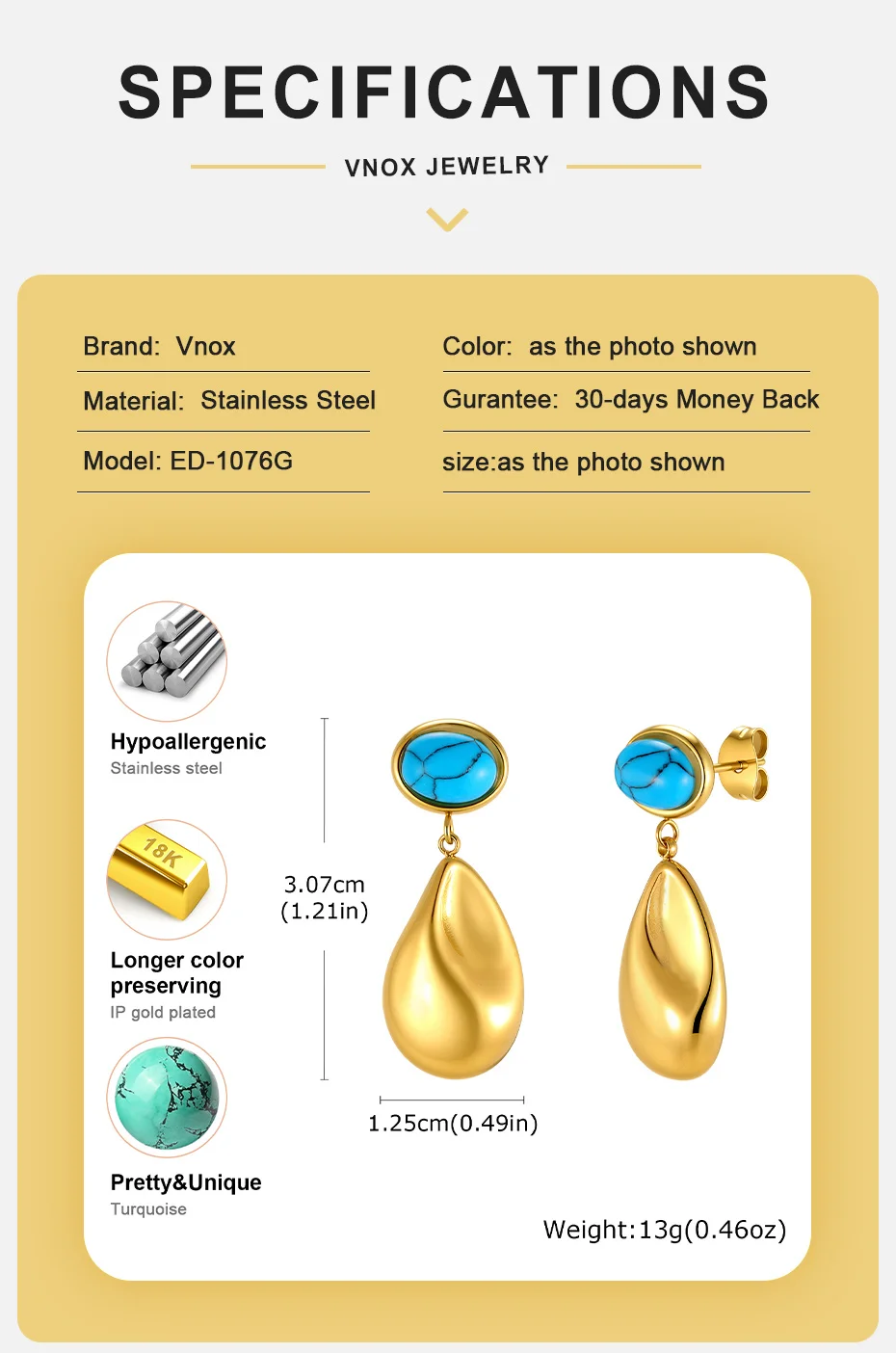 Vnox Elegante Tropfenohrringe für Damen, trendiger Edelstahl, 18K vergoldet, Naturstein, blauer Türkis, tropfenförmige Hängeohrringe – Detail 4