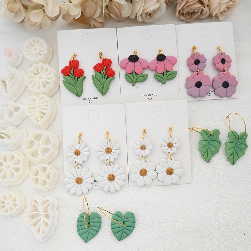 Tulip Daisy Rose Bouquet Polymer Clay Cutters Flower Leaves Dangle Clay Cutting Pottery Ceramics Mold for Earrings Jewelry Tools - view 2