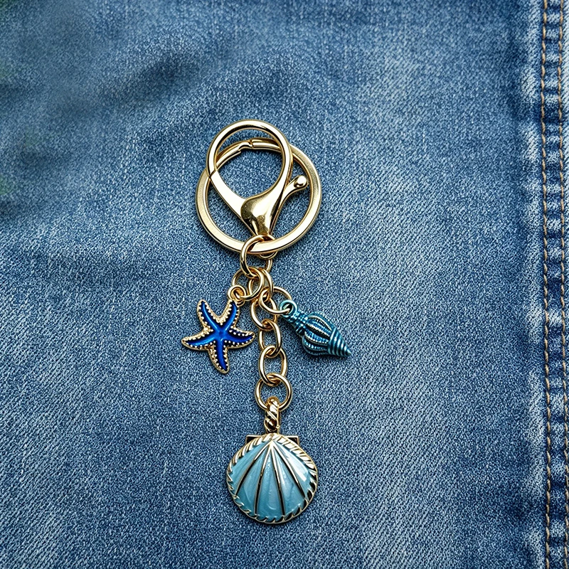 Exquisite Pearl Alloy Drop Oil Keychain Shell Starfish Conch Key Ring for Girls Handbag Jewelry Accessories Chinese Origin