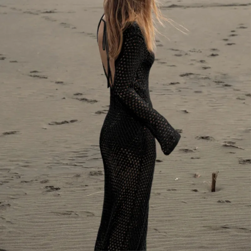 أزياء نمط مثير البيكينيات التستر الخامس الرقبة فستان بأكمام طويلة الصيف عطلة الشاطئ Sunblock الرسن سموك فستان طويل ملابس السباحة