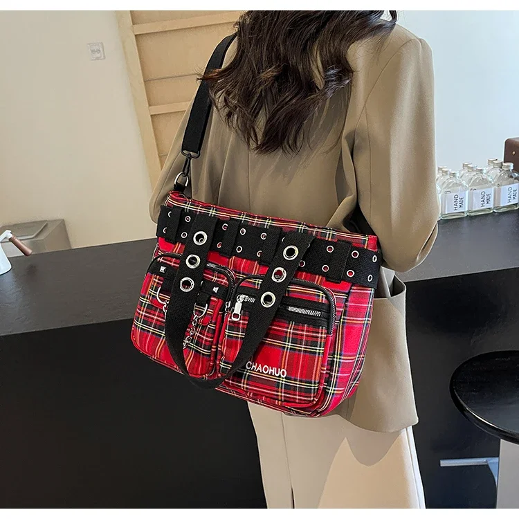 PU CHAINS Zipper Shoulder Bag Buckle Decorative Casual Women's Bags on Sale 2026 New Plaid Locomotive Style Women's Handbags