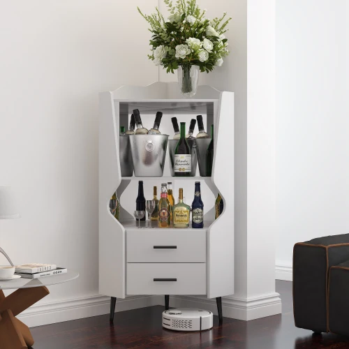 

#Modern Wooden Corner Bar Cabinet With 2 Open Shelves And 2 Drawers Back High Feet Legs For Living Room