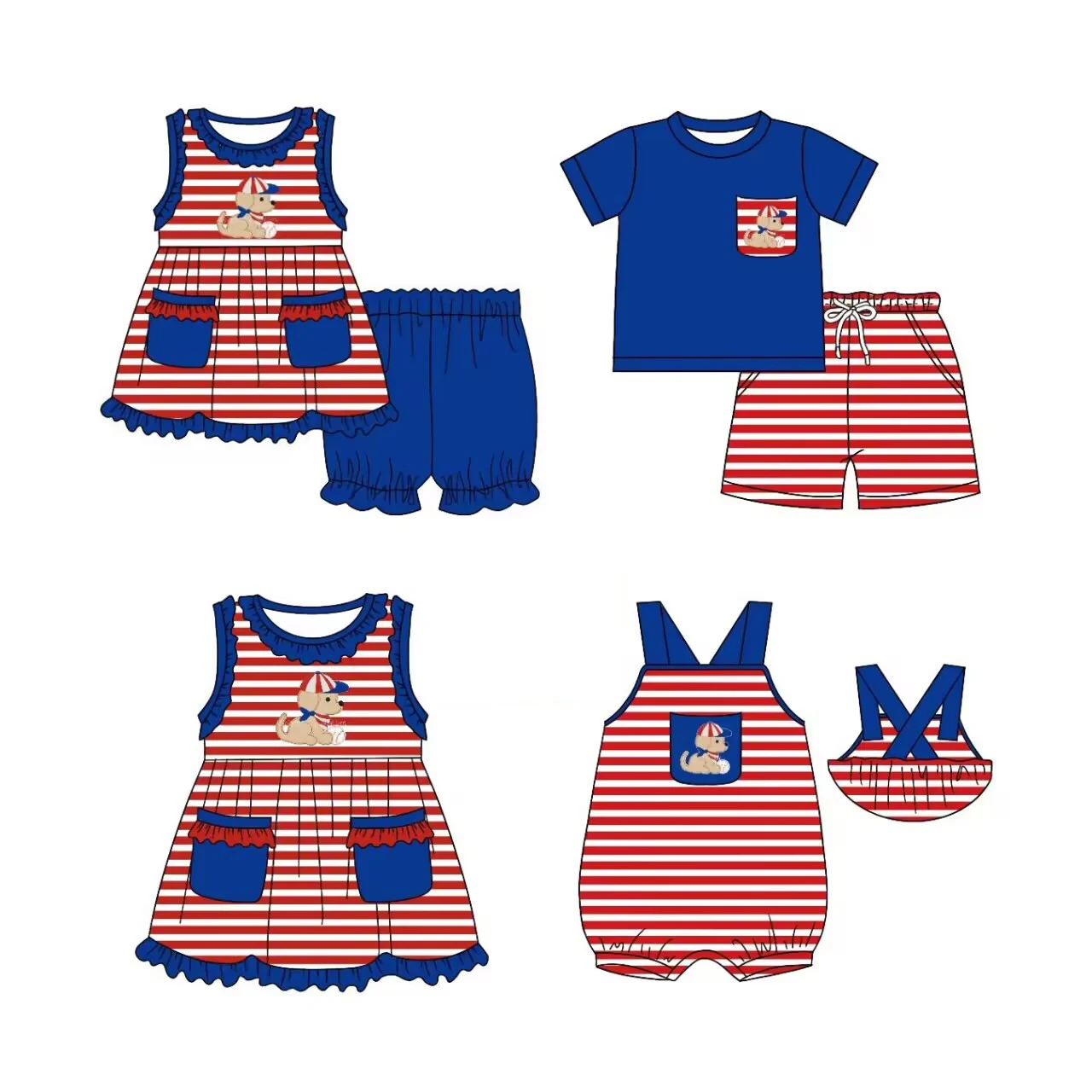 new style kids clothes girl baby boy clothes puppy print red striped short-sleeved suit boutique kids clothing wholesale