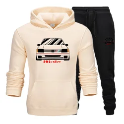 Men 2Pcs Sets Fleece Hoodies And Sweat Pants Set Men's Retro Wrc 205 Gti CAR Rallye Racing Jersey Suit Sportswear  Ensemble