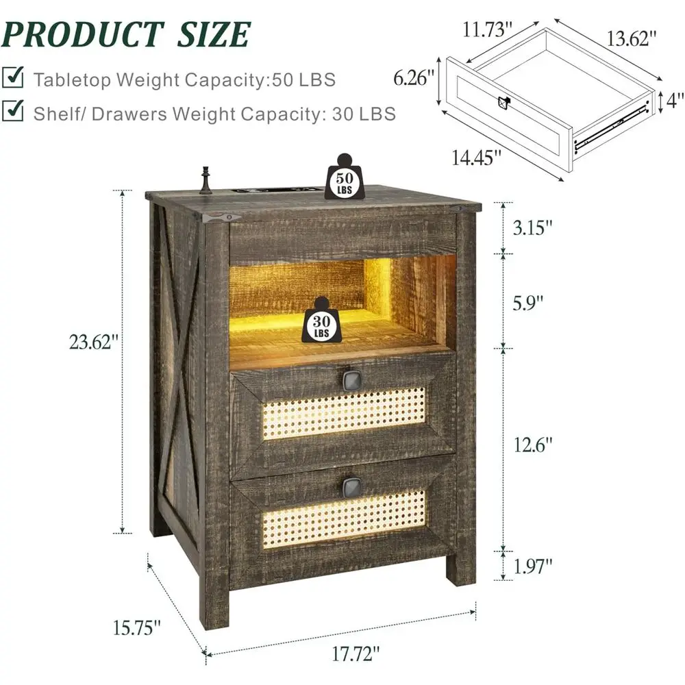 LED Night Stands Set o 2 with Charging Station | Hidden Gun Ders, LED Human Sensor Light, armhouse Rattan Style, End tables Bedr