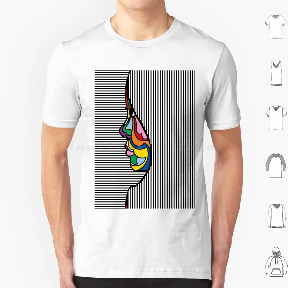 Trippy Funky Abstract Portrait T Shirt 6xl Cotton Cool Tee Funky Hippie Colorful Lines Pattern Side View Woman Profile Face