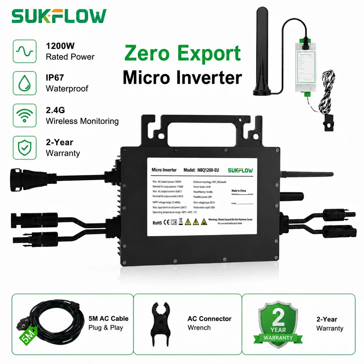 SUKFLOW Zero Expert 1200W Grid-Tie Microinverter with 5M AC Cable Built-in WiFi & Bluetooth MPPT for Home Energy Savings System
