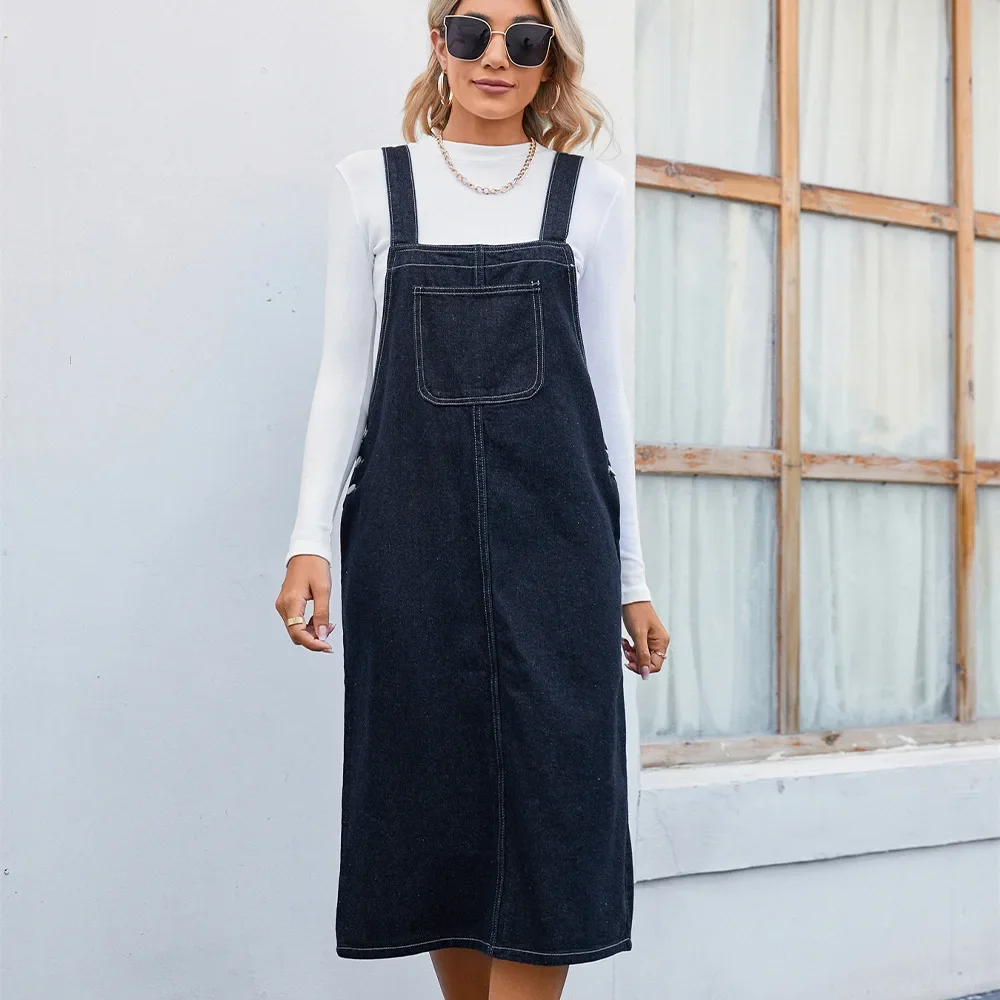 Overalls Denim Knee Length Dress Women Single Breasted Washed Spliced Dresses Solid One Piece High Street Loose Distressed