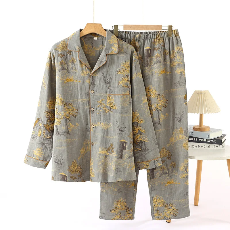 Nueva ropa de dormir estampada de otoño para dormir, conjuntos de pijamas para hombre, ropa de descanso, pijamas para hombre, nuevo Pijama de algodón puro, traje para casa