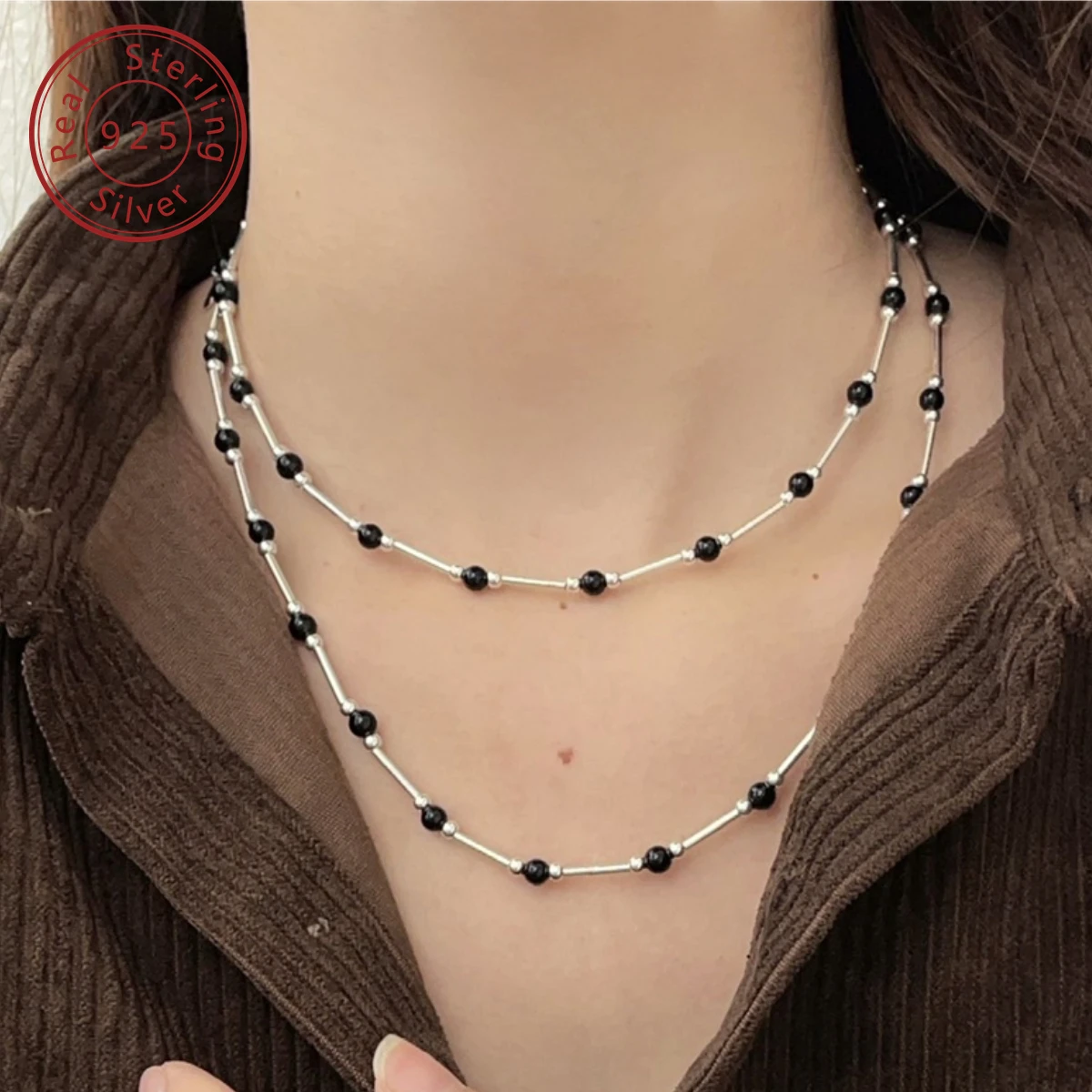 925 Silver Autumn/Winter New Natural Black Agate Silver Tube Sweater Necklace, Full Personality, Cold Bland and Advanced feeling