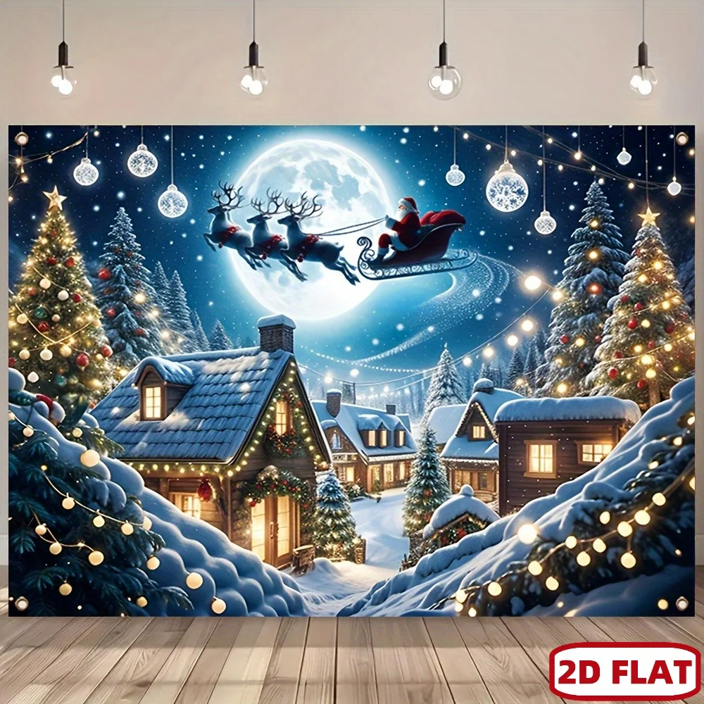 2D flach 1pc Winter Snow Village Weihnachtsschlitten und Rentier Polyester-Hintergrundstoff, Weihnachtsfeier-Dekoration