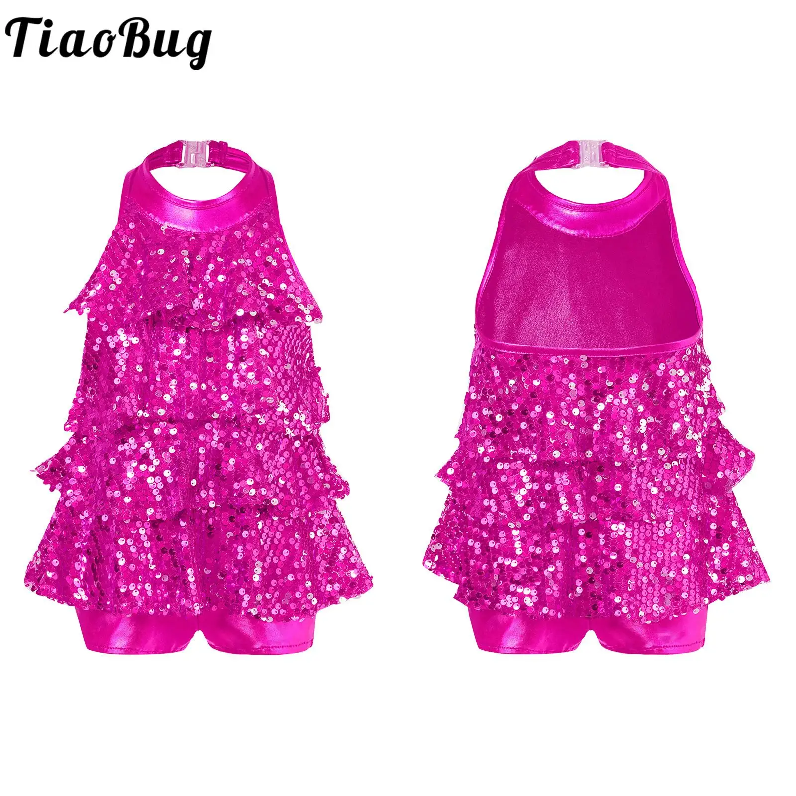 

Kids Girls Halter Shiny Sequins Modern Jazz Latin Ballet Dance Costume Shorty Unitard Dress Performance Competition Dancewear