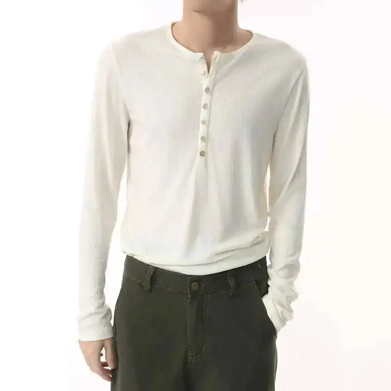 Simple Men's T-shirts Casual Koran Style Round Collar Button Design Solid Color Loose Long Sleeve Pullover Male Tees 9Q7A4