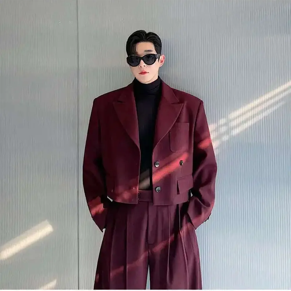 Casual Men's Suit 2 Piecs Short Jacket Pants Peak Lapel Loose Style Work Commute Social Party Fale Suits