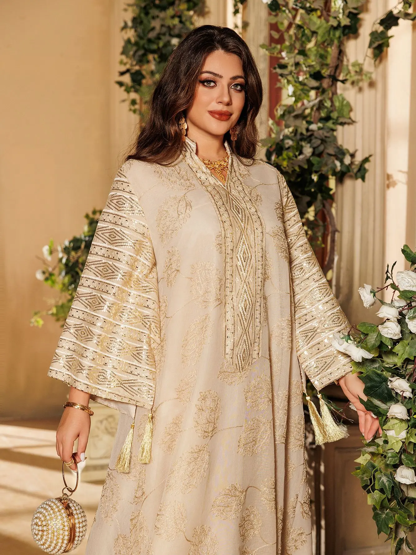 Muslim Women's Beige Islamic Embroidered Abaya with Gold Detailing Ideal for Formal Occasions in Middle East like UAE and Saudi