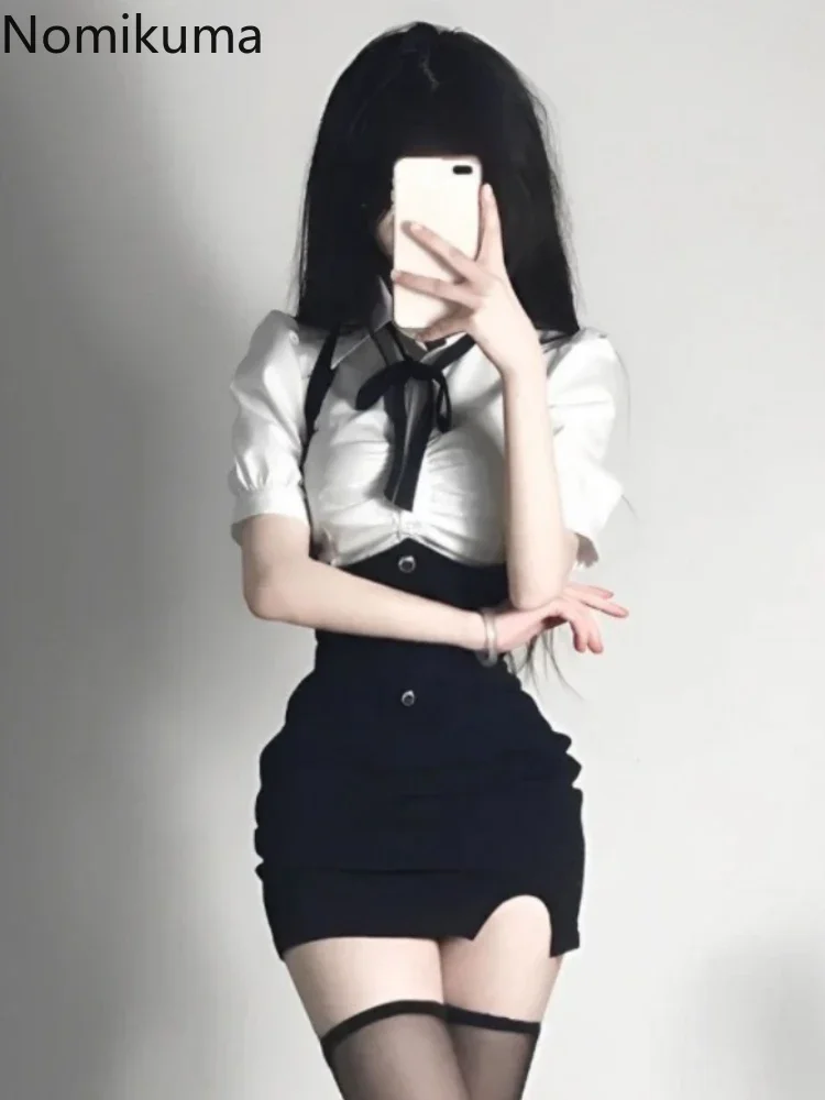 Summer Two Piece Sets Women's Clothing Tunic White Blouses Tops Bodycon Mini Skirt Outfits Preppy Style Fashion Korean Y2k Set