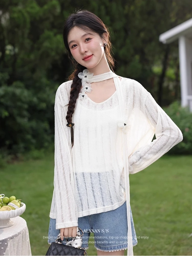 

ALXNAN White Thin Pullovers Long Sleeve V-neck Sun Protection Blouses 2025 Summer Elegant Loose-fit Casual Female Tops L56621