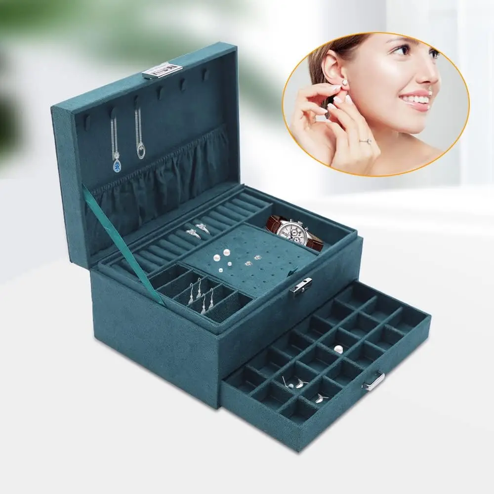 

3 Layer Jewellery Box Leather Jewelry Organiser With Key Suitable for Rings Earrings Necklaces Bracelets Jewellery Box for Women