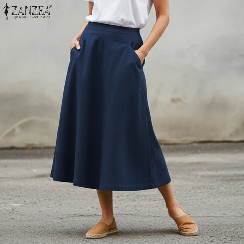 ZANZEA 2026 Summer Women Casual Midi Skirts Cotton Linen Solid Color A-Line Skirt with Side Zipper Daily Wear Faldas de Mujer
