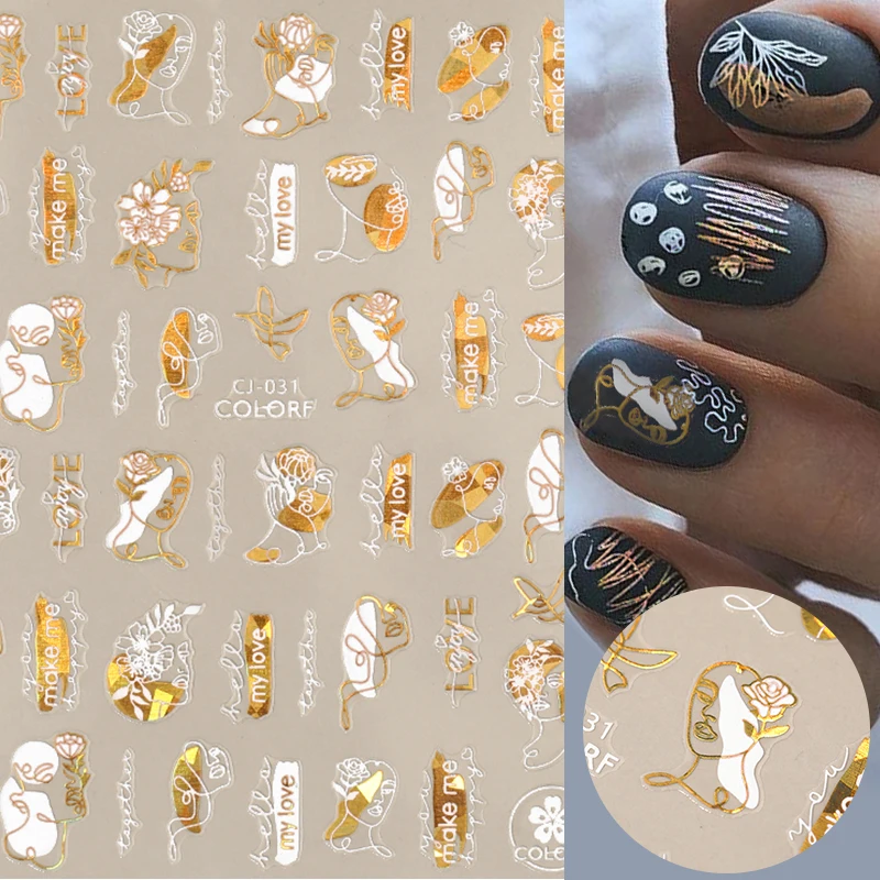 1PC 3D Nail Stickers White Gold Leaf Abstract Line Pattern Self-Adhesive Slider Nail Art Decorations Leaf Love Heart Nail Decals