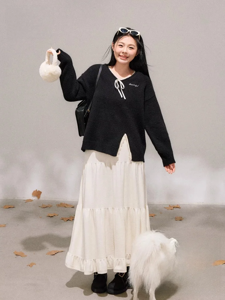 

Комплект: свитер с кружевным воротником и белая юбка с высокой талией, большие размеры, женская модная одежда в корейском стиле, стройнящий образ