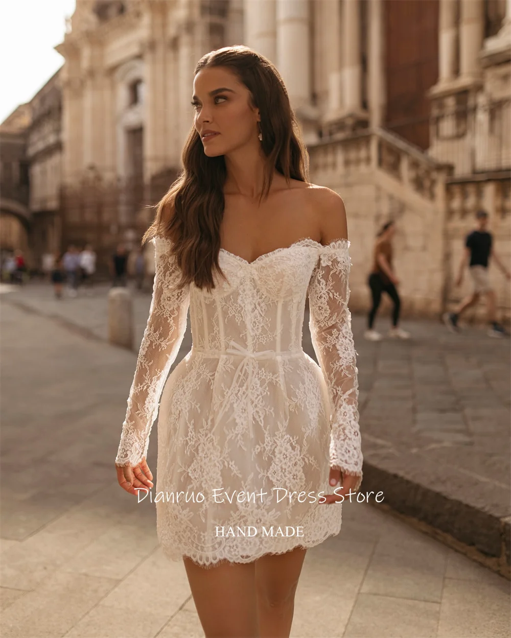 Dianruo Romantic Sweetheart Wedding Dress Above Knee Lace Vestido De Noiva Appliques Off Shoulder Bow Robes De Mariée Customized